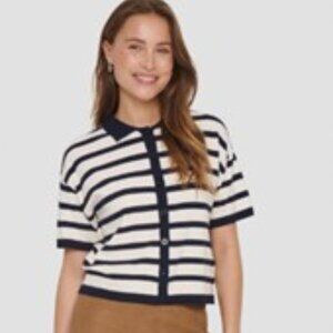 NWT Saint-Tropez Striped Polo Cardigan short sleeve navy and white size large